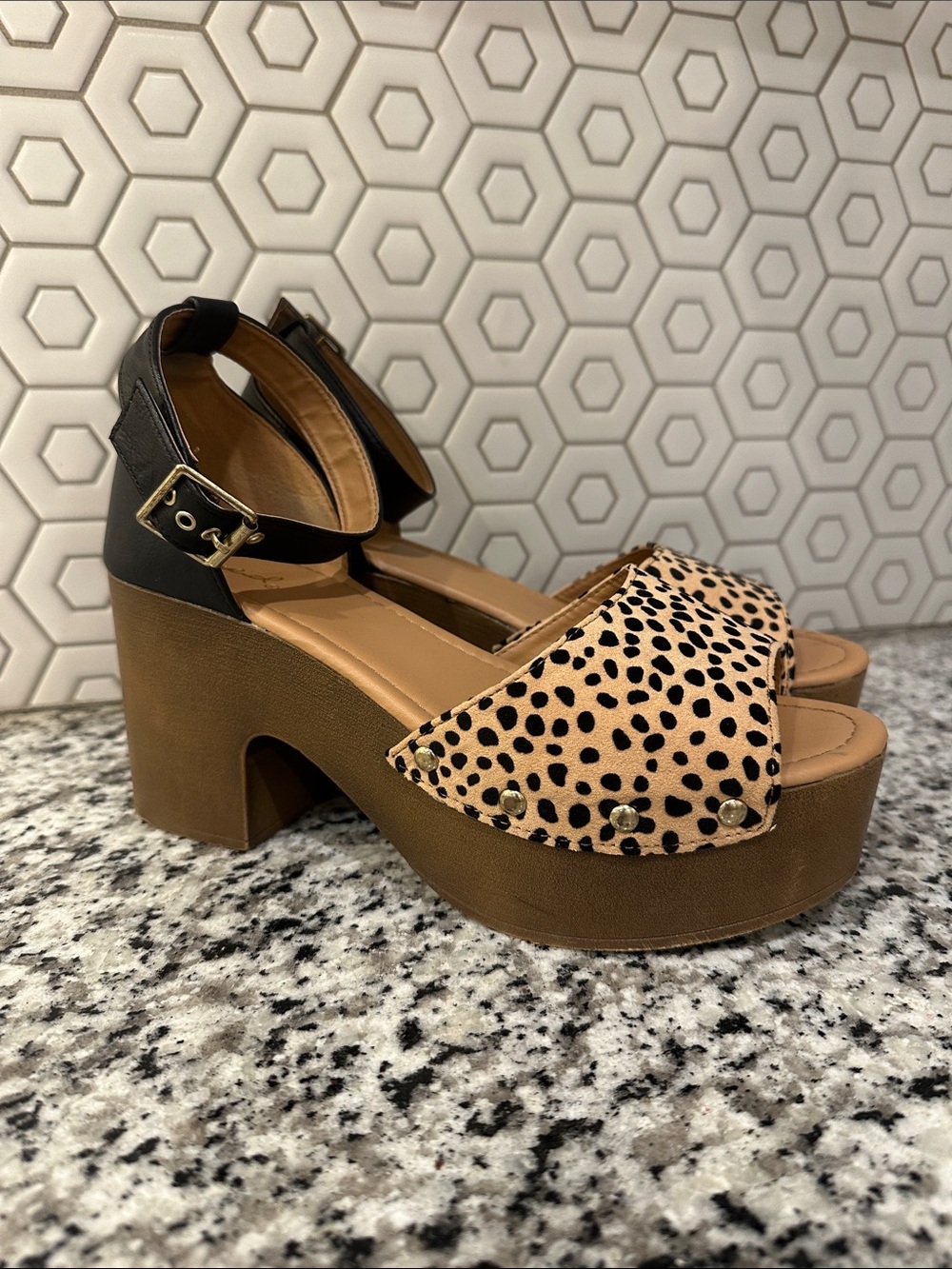 Qupid Leopard Print Platform Sandals with Black Ankle Strap